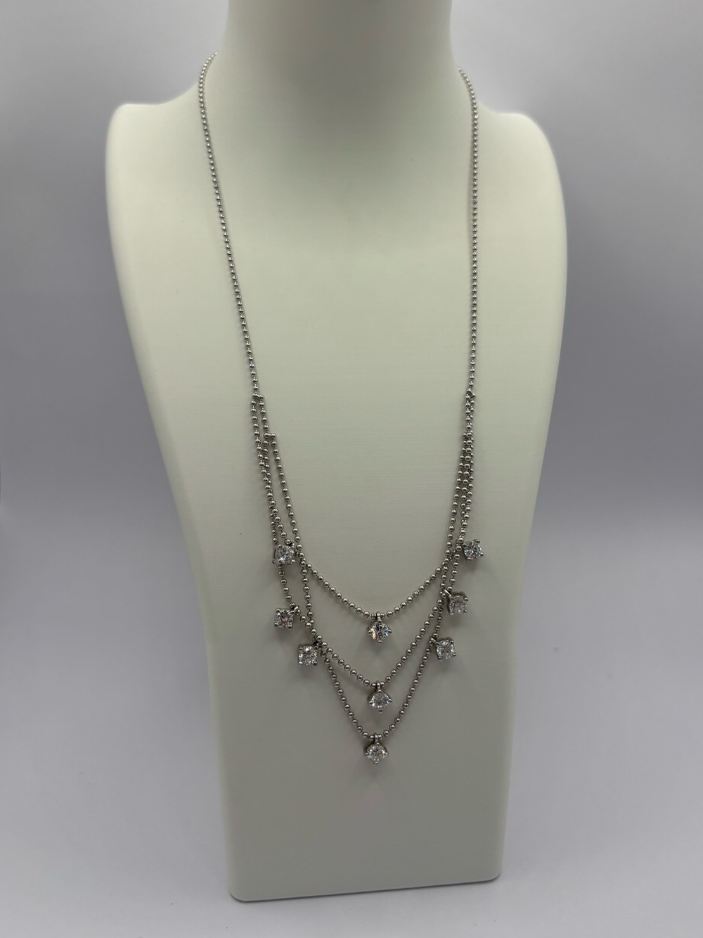 925 Sterling Silver Layered Ball Chain Crystal Drop Necklace 18” DL Maker 8.79g